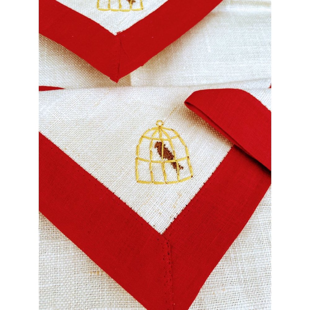 Vintage 1940s Linen Luncheon Tablecloth Napkins Man Sombrero Birdcage Embroidery - Picture 4 of 11